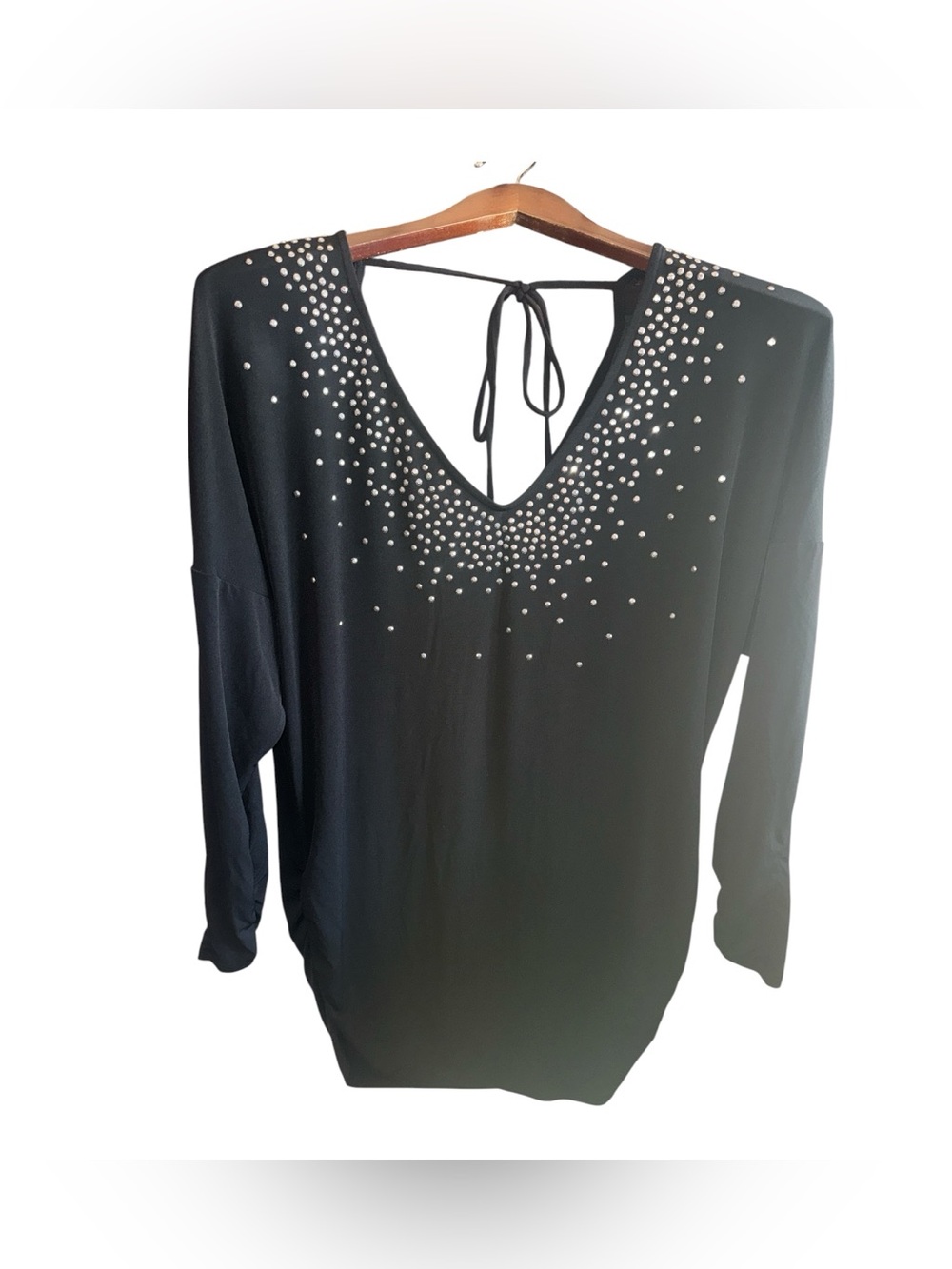 Black V-Neck Rhinestone Studded Tie-Back Women's Tunic Night Club Y2K Mini Dress